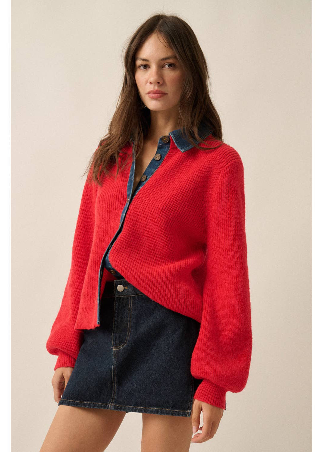 Ribbed Knit and Denim Button Up Cardigan