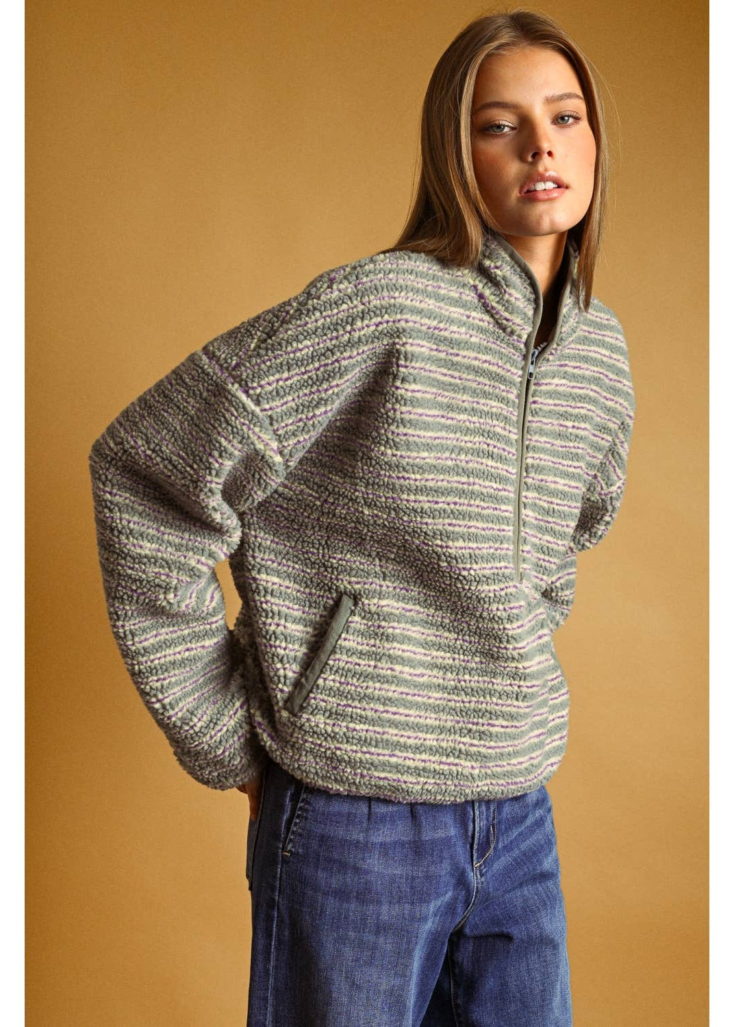 Multi Stripe Sherpa Half Zip Pullover in Grey/Purple