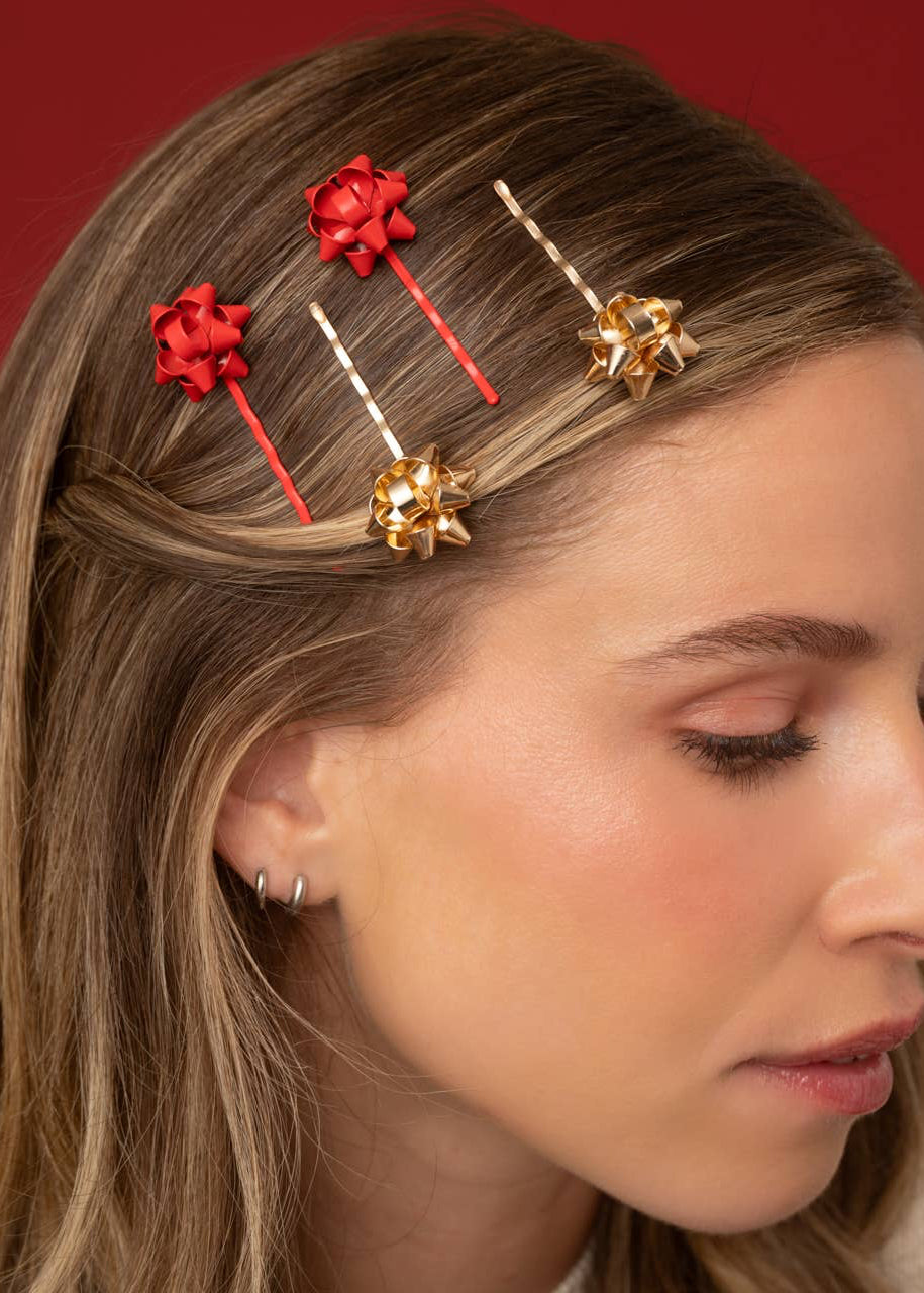 Metal Gift Bow Bobby Pins 4pc Set