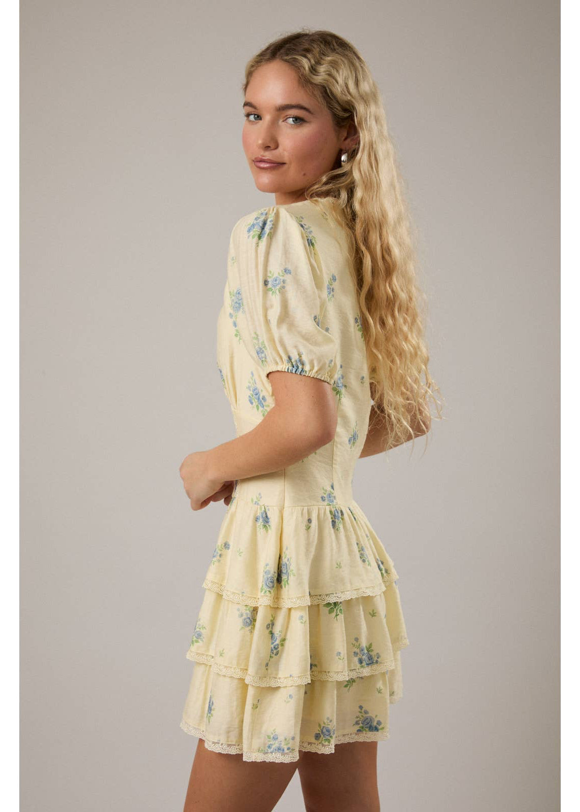 Puff Short Sleeve V-Neck Tiered Dress