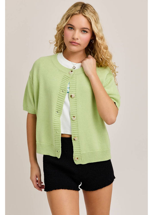 Short Sleeve Sweater Cardigan in Light Green