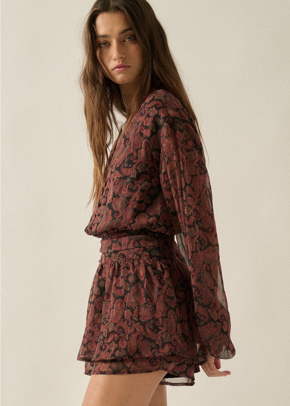 Paisley-Print Chiffon V-Neck Bubble-Sleeve Layered Romper