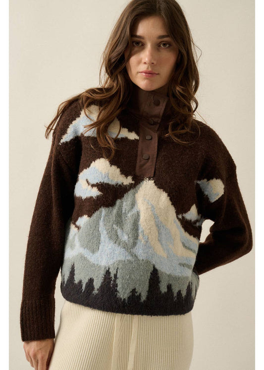 Jacquard-Knit Landscape Quarter-Zip Pullover Sweater Jacket