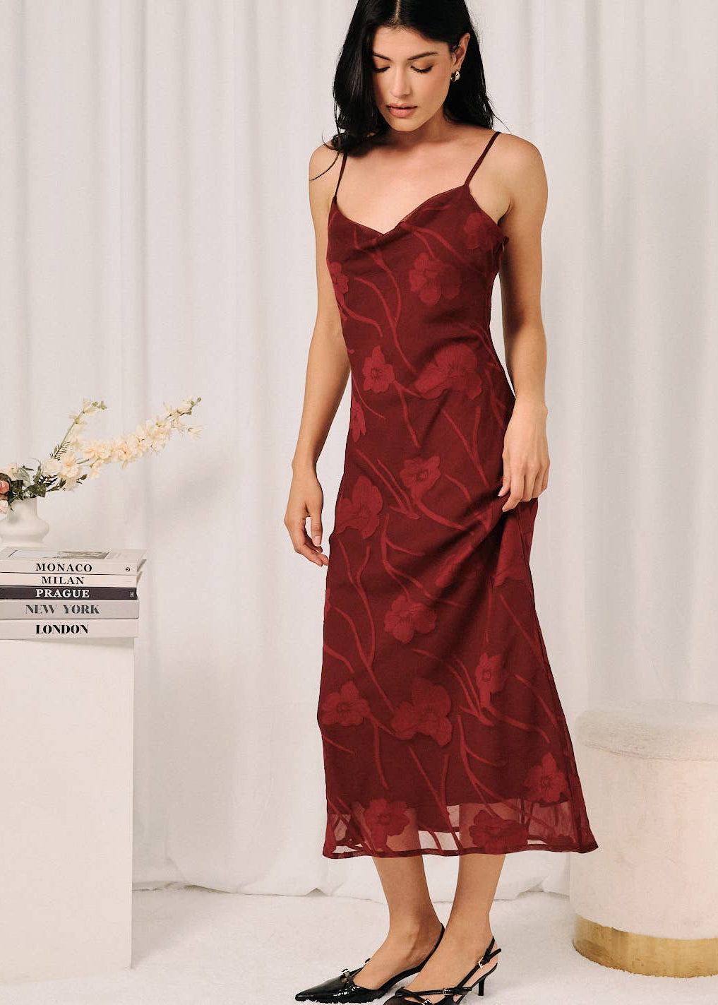 Sleeveless Cowl Neck Novelty Midi Slip Dress