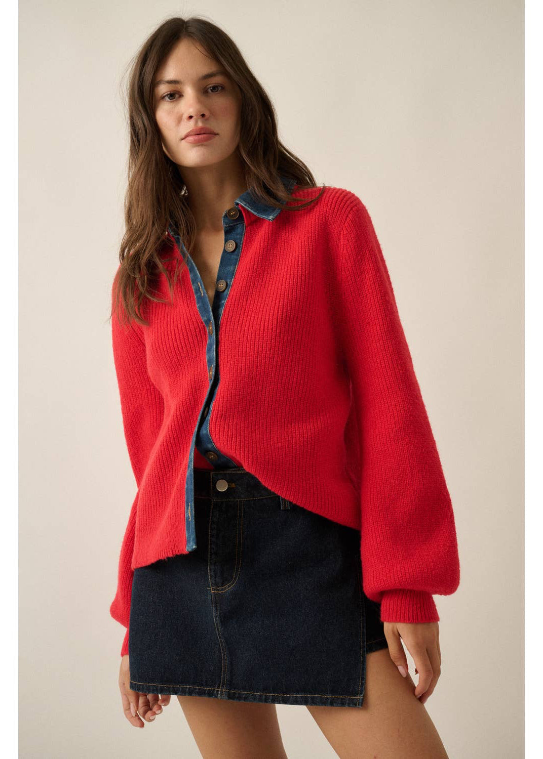 Ribbed Knit and Denim Button Up Cardigan