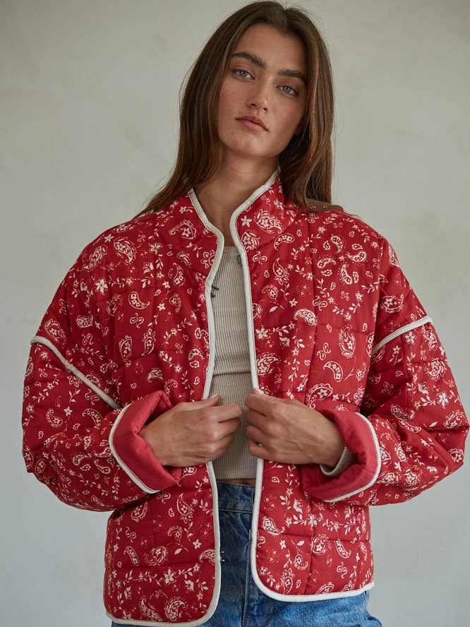 Woven Cotton Quilted + Padded Paisley Print Jacket