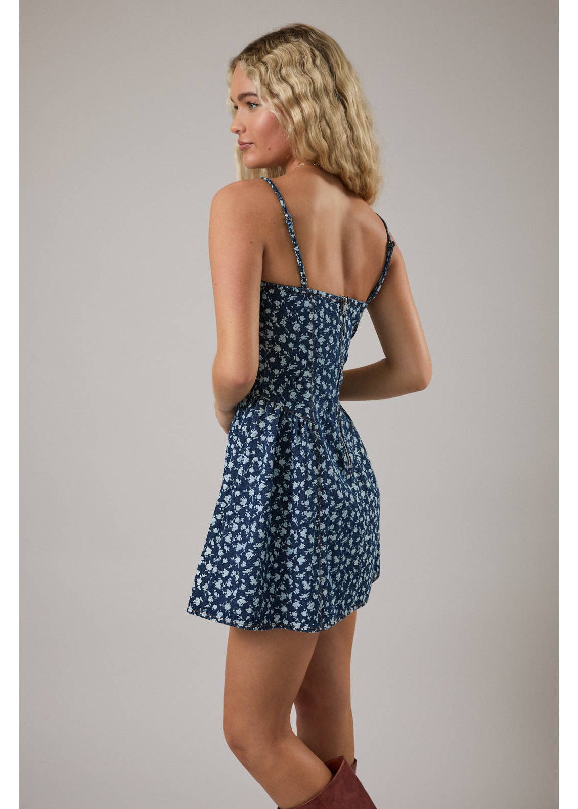 Spaghetti Strap Drop Waist Denim Mini Dress