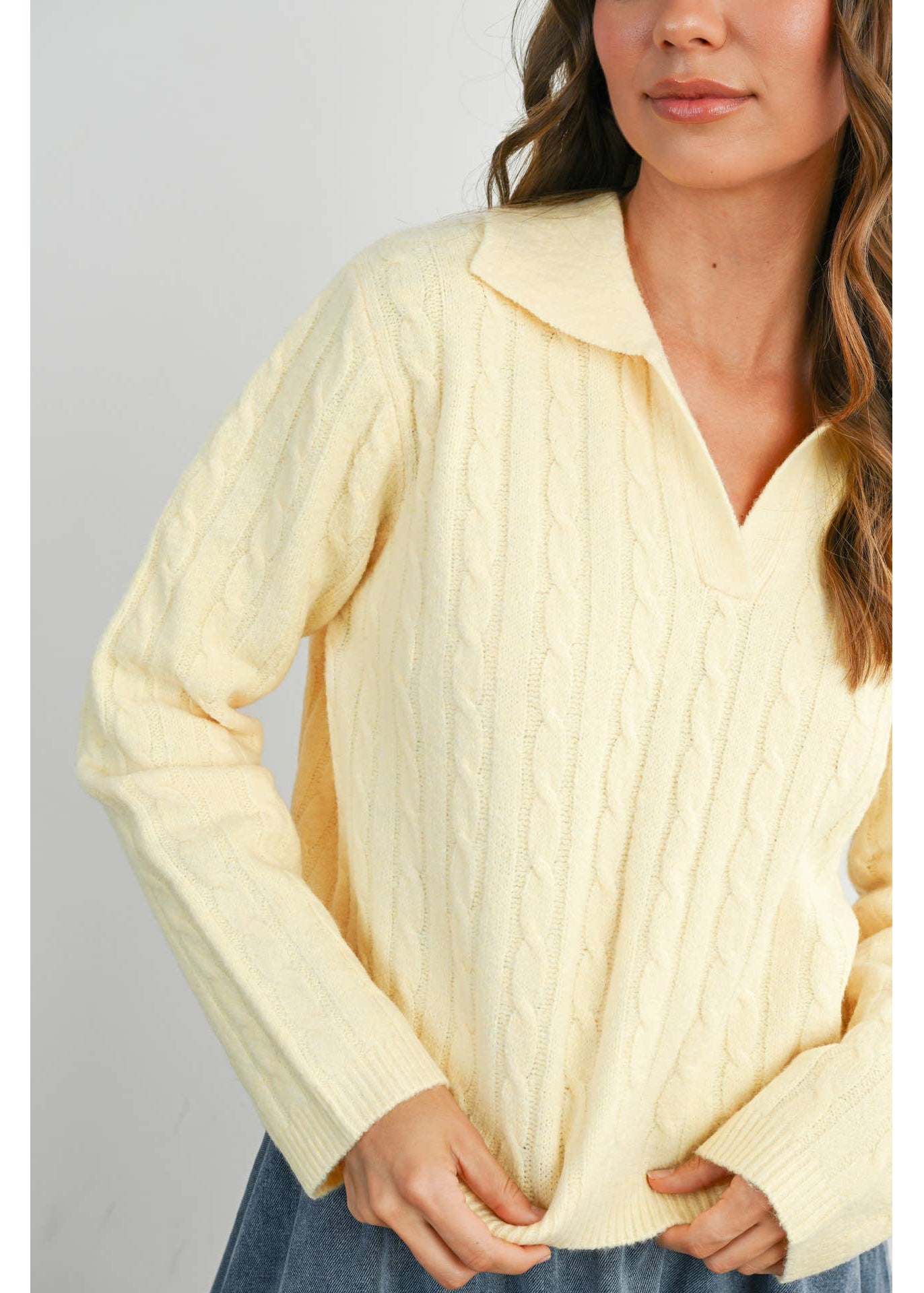 Cable Knit V-Neck Collared Long Sleeve