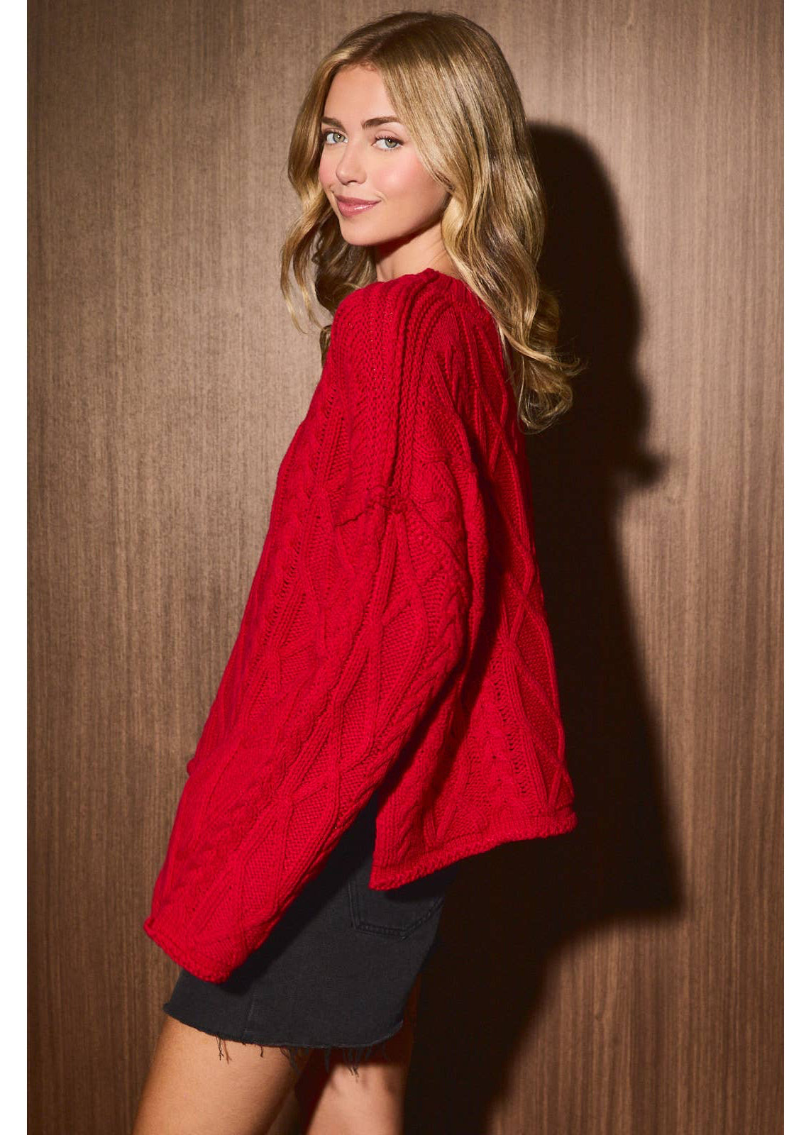Oversized Cable Knit Crew Neck Drop Shoulder Sweater