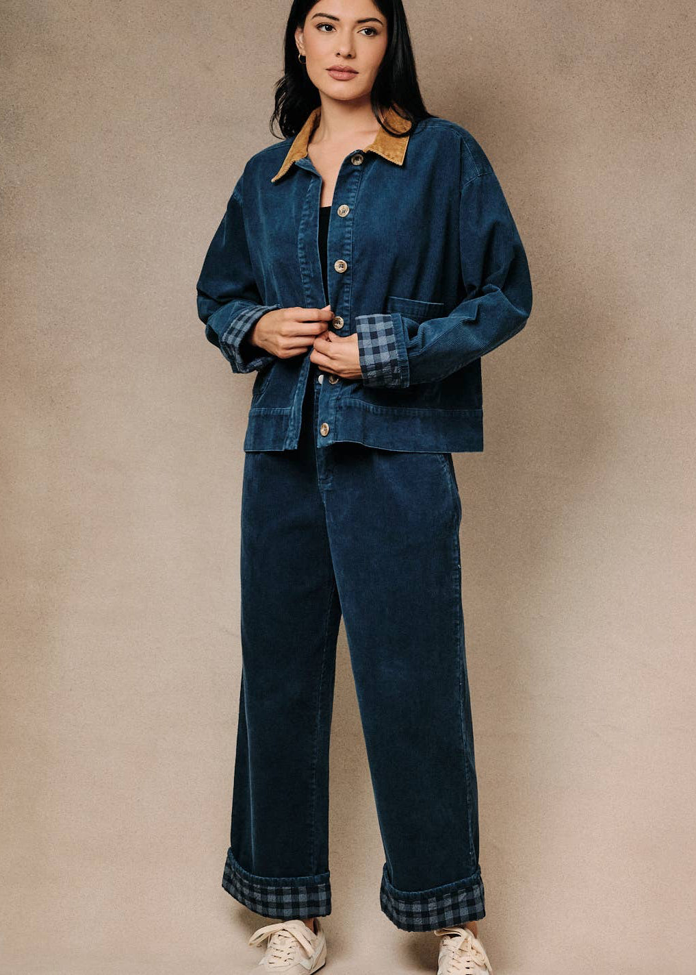 Contrast Collar Plaid Cuff Corduroy Button Front Barn Jacket
