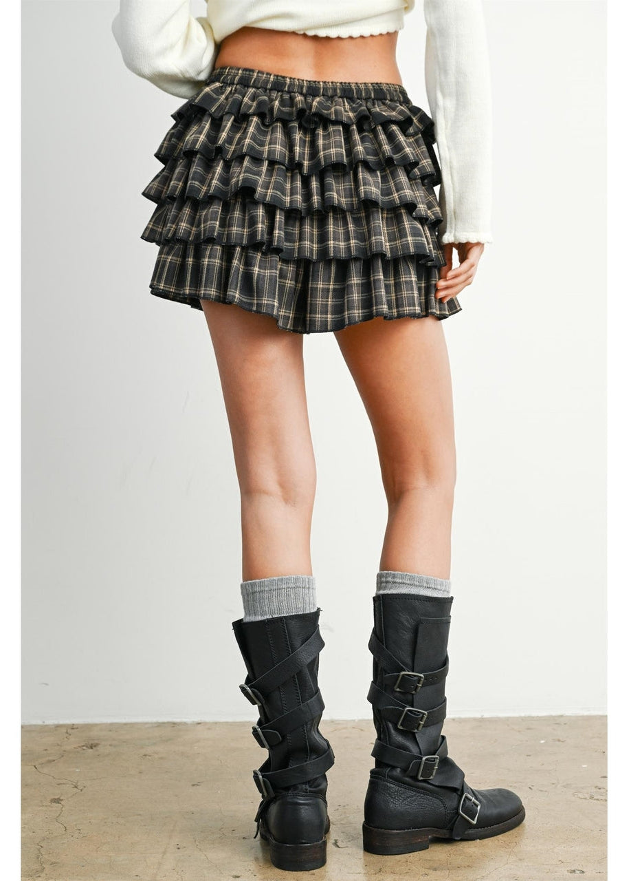 Plaid Tiered Ruffle Skort in Grey