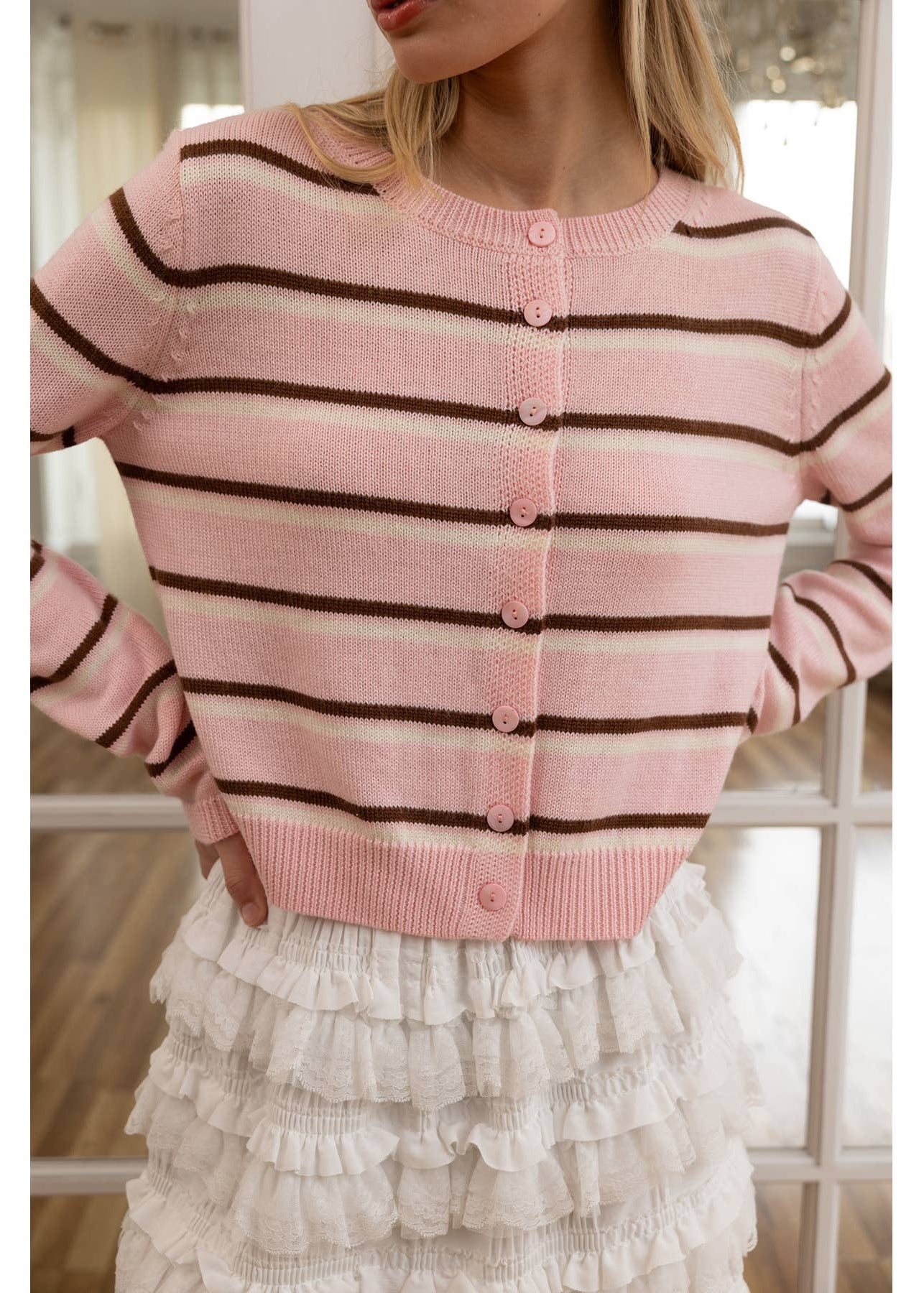 Pink Striped Button Up Cardigan