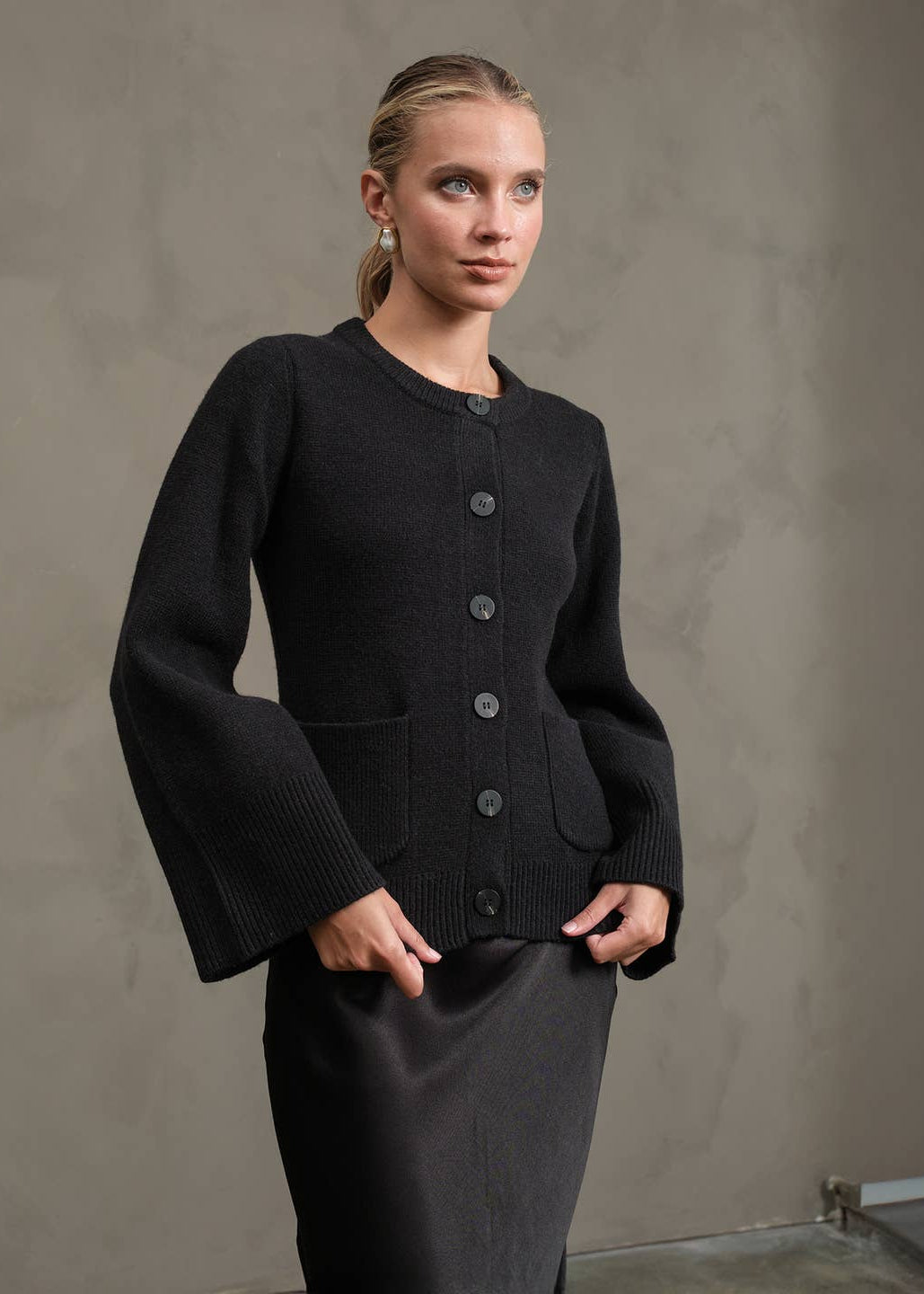 Button Up Knit Cardigan with Wide Sleeve