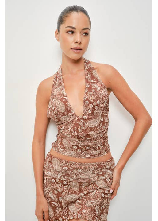 Yuna Paisley Halter Top in Brown