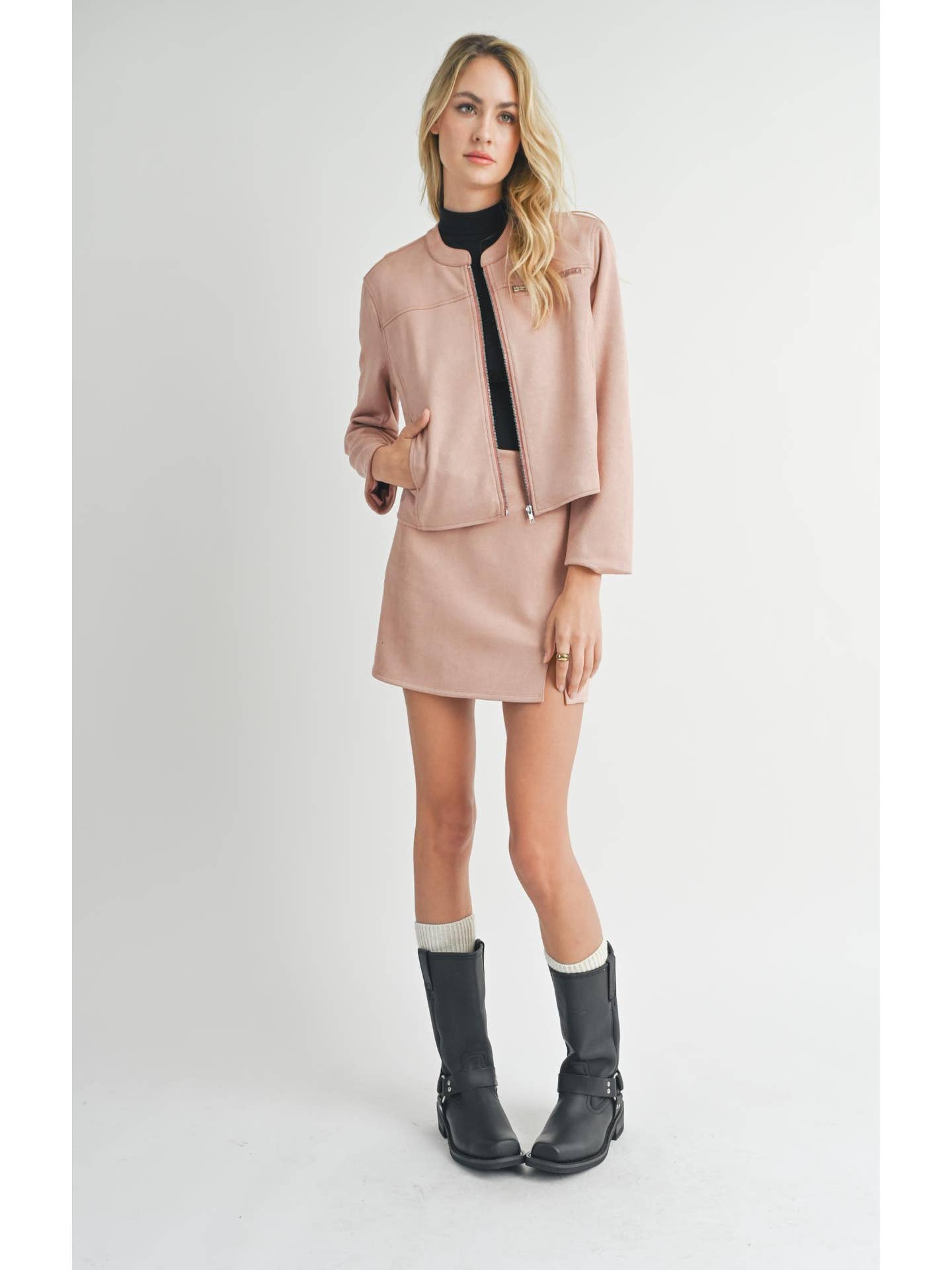 Faux Suede Moto Jacket: Rose Pink